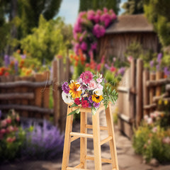 Lofaris Spring Greenery Garden Wooden Door Photo Backdrop