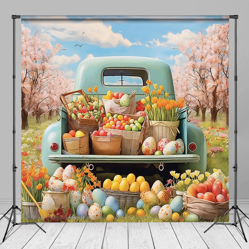 Lofaris Spring Truck Paschal Eggs Cherry Easter Backdrop