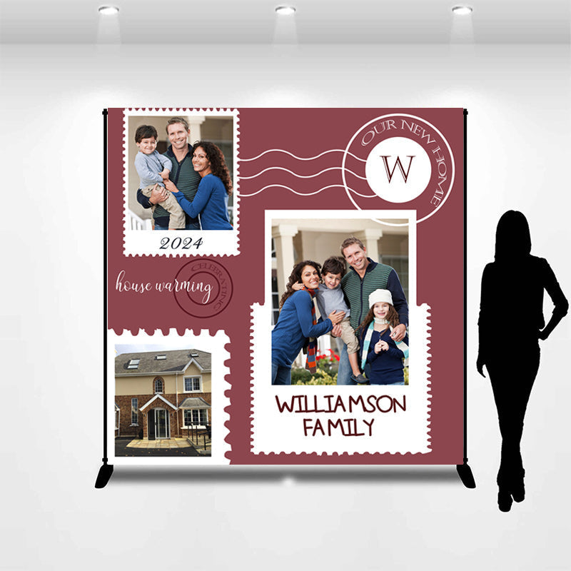 Lofaris Stamp Style Wine Red Custom Photo Housewarming Backdrop