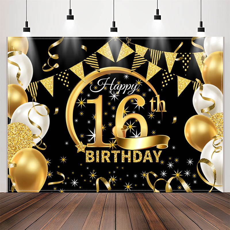 Lofaris Stars Balloons Glitter Black 16th Birthday Backdrop