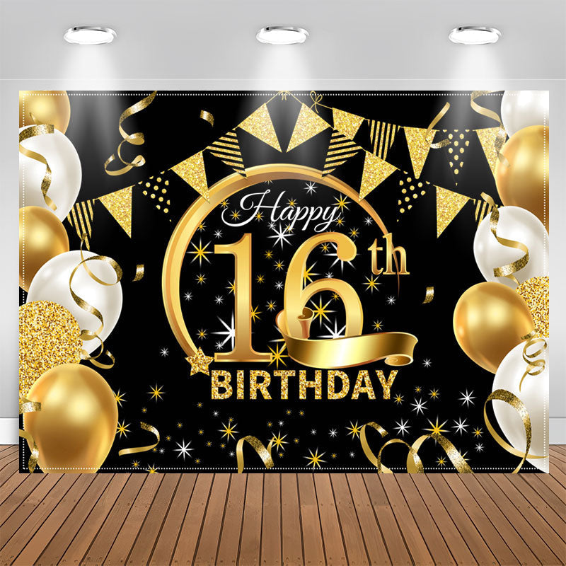 Lofaris Stars Balloons Glitter Black 16th Birthday Backdrop