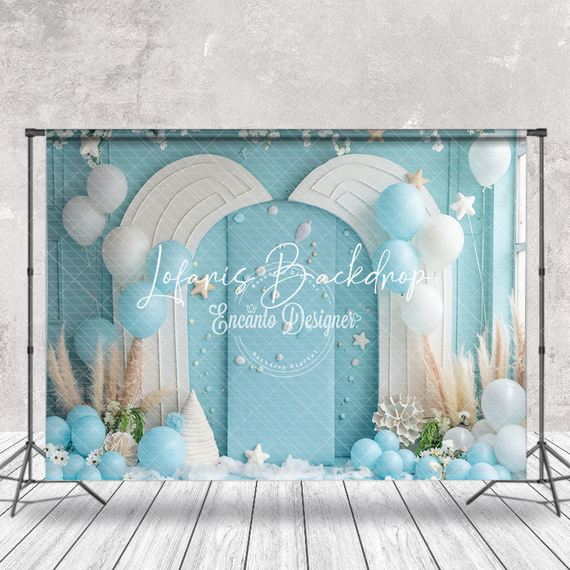 Lofaris Summer Blue White Wall Balloons Cake Smash Backdrop