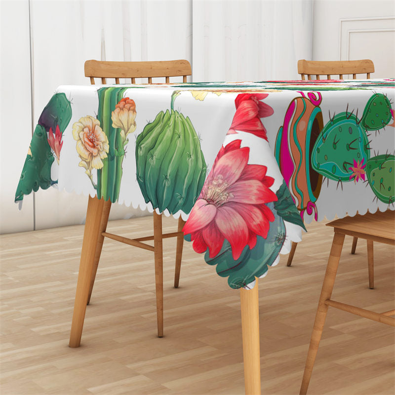Lofaris Summer Green Cactus And Flowers Pattern Tablecloth