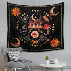 Lofaris Sun Moon Stars Mushroom Galaxy Black Wall Tapestry