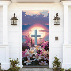 Lofaris Sunrise Oil Painting Cross Lily Easter Door Cover