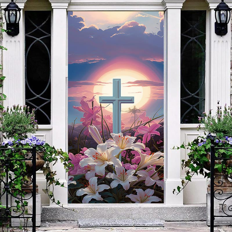 Lofaris Sunrise Oil Painting Cross Lily Easter Door Cover