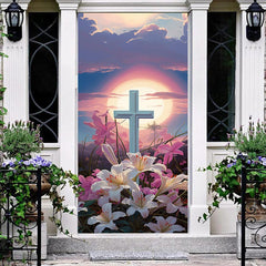 Lofaris Sunrise Oil Painting Cross Lily Easter Door Cover