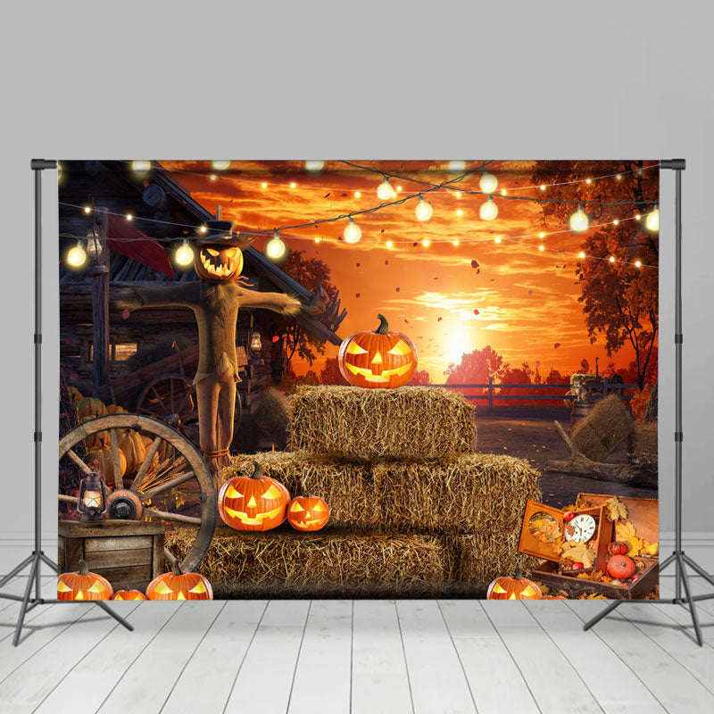 Lofaris Sunset Punpkin Lantern Scarecrow Halloween Backdrop