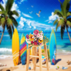Lofaris Surfboard Palm Trees Sandy Beach Summer Backdrop
