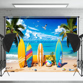 Lofaris Surfboard Palm Trees Sandy Beach Summer Backdrop