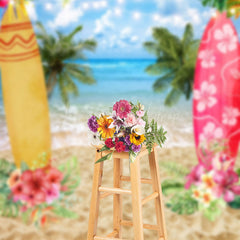 Lofaris Surfboard Sandy Beach Floral Summer Photo Backdrop