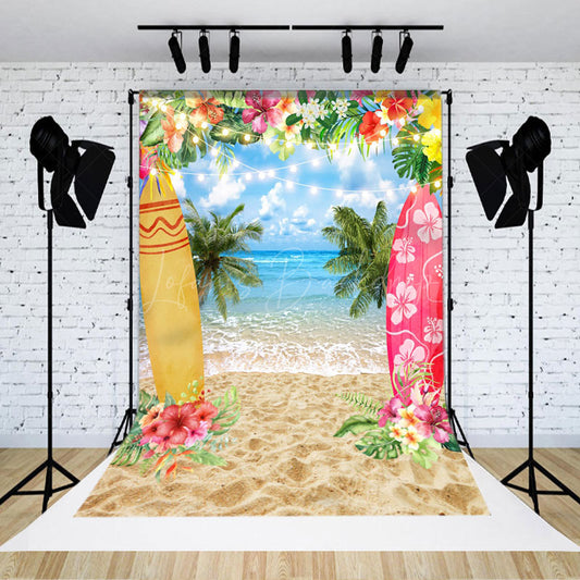 Lofaris Surfboard Sandy Beach Floral Summer Photo Backdrop