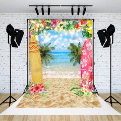 Lofaris Surfboard Sandy Beach Floral Summer Photo Backdrop