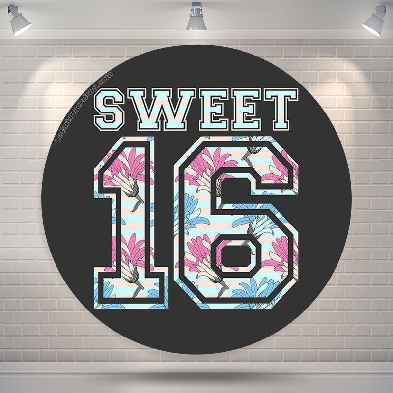 Lofaris Sweet 16 Black Floral Birthday Round Backdrop Cover