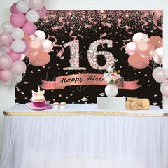 Lofaris Sweet 16 Pink Black Glitter Balloon Birthday Backdrop