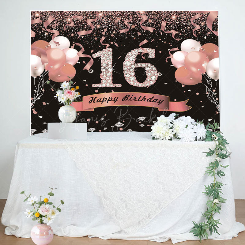 Lofaris Sweet 16 Pink Black Glitter Balloon Birthday Backdrop