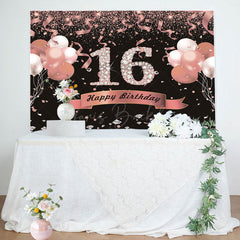 Lofaris Sweet 16 Pink Black Glitter Balloon Birthday Backdrop