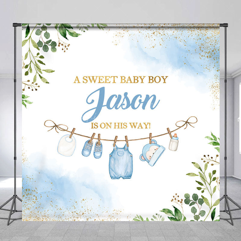 Lofaris Sweet Boy Leaves Custom Name Baby Shower Backdrop