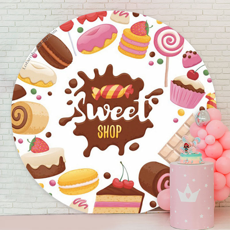 Lofaris Sweet Candy Shop Cakes White Round Backdrop Cover