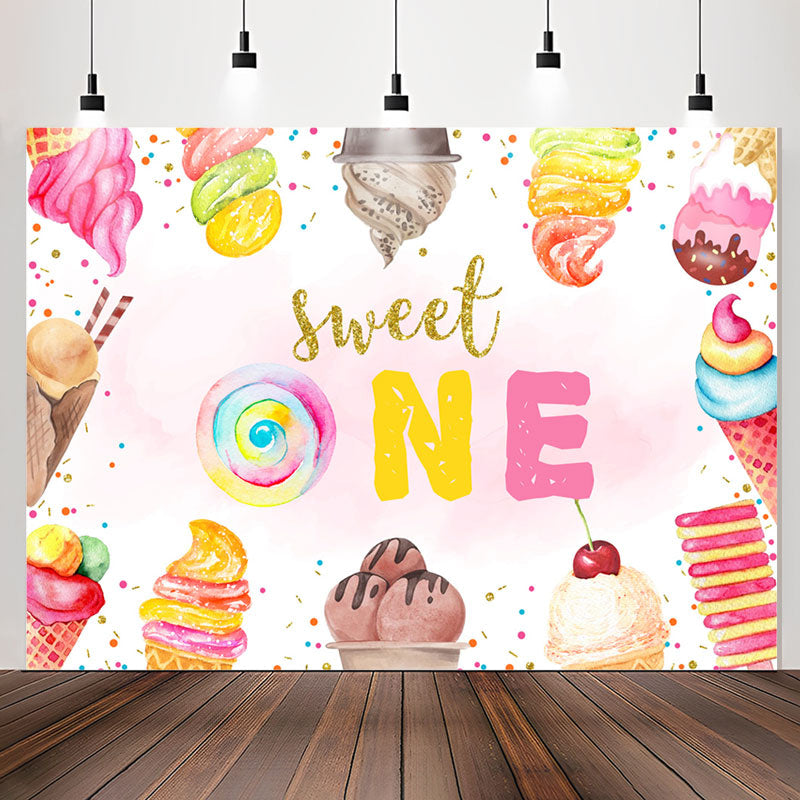 Lofaris Sweet One Ice Cream Pink Happy 1st Birthday Backdrop