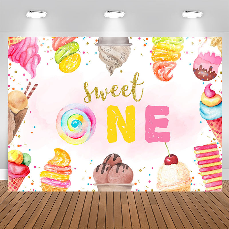 Lofaris Sweet One Ice Cream Pink Happy 1st Birthday Backdrop