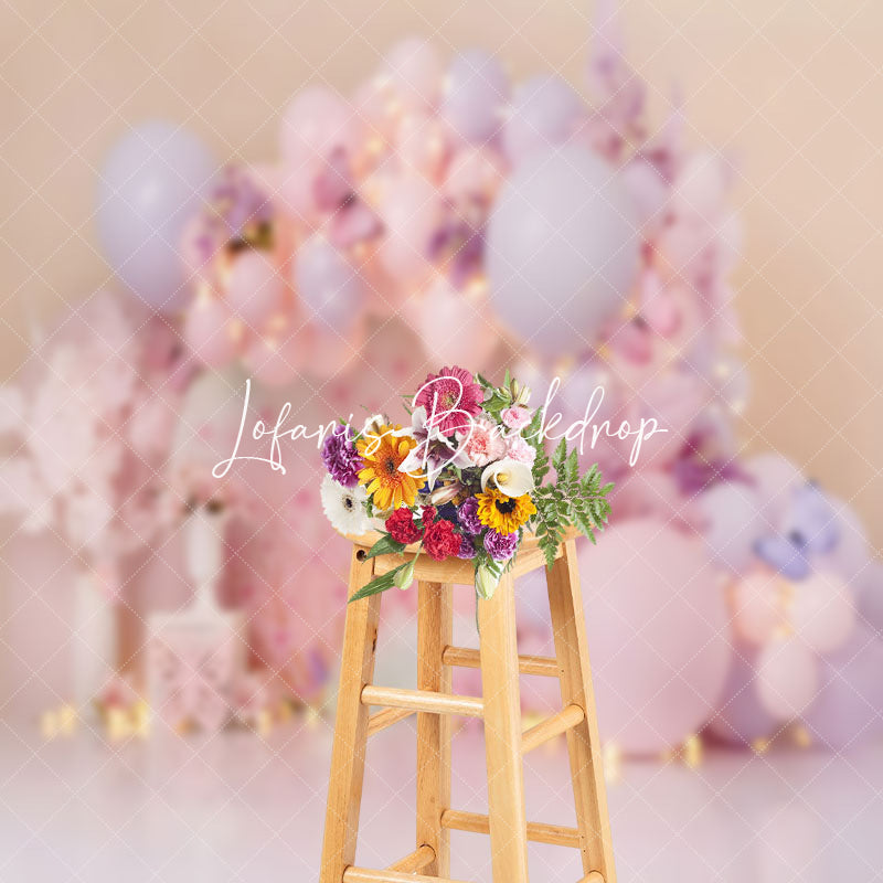 Lofaris Sweet Pink Floral Butterfly Light Cake Smash Backdrop