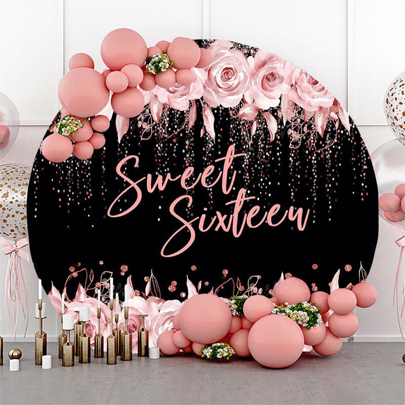 Lofaris Sweet Sixteen Rose Black Round 16 Birthday Backdrop