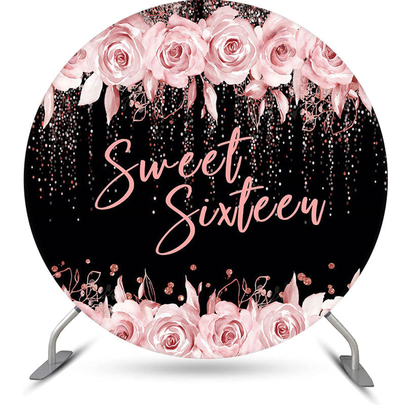 Lofaris Sweet Sixteen Rose Black Round 16 Birthday Backdrop