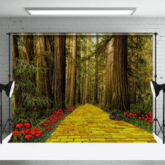 Lofaris Tall Trees Forest Brick Road Floral Spring Backdrop