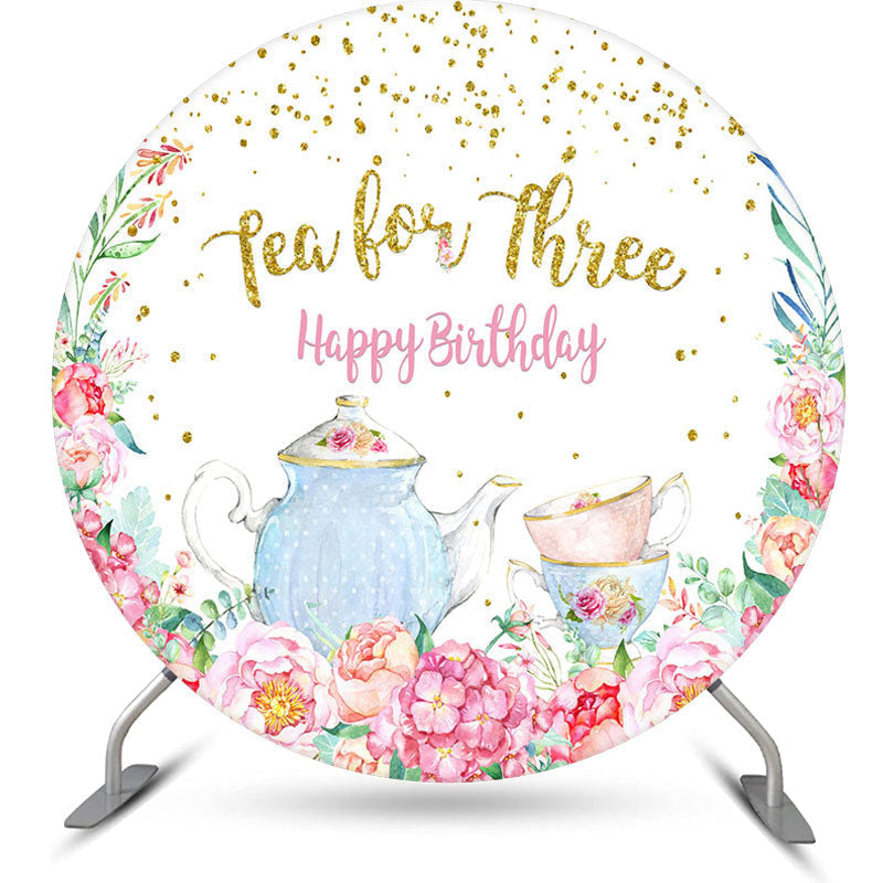 Lofaris Tea For Three Flower Round Girls Birthday Backdrop