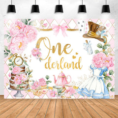 Lofaris Teatime Pink Floral Plaid 1st Girl Birthday Backdrop