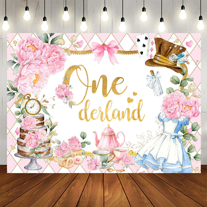 Lofaris Teatime Pink Floral Plaid 1st Girl Birthday Backdrop
