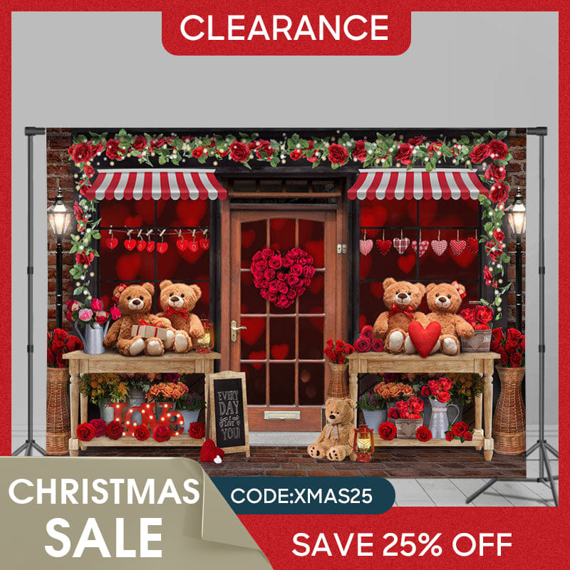 Lofaris (Ship In 24HR) Teddy Bear And Floral Love Store Valentines Backdrop