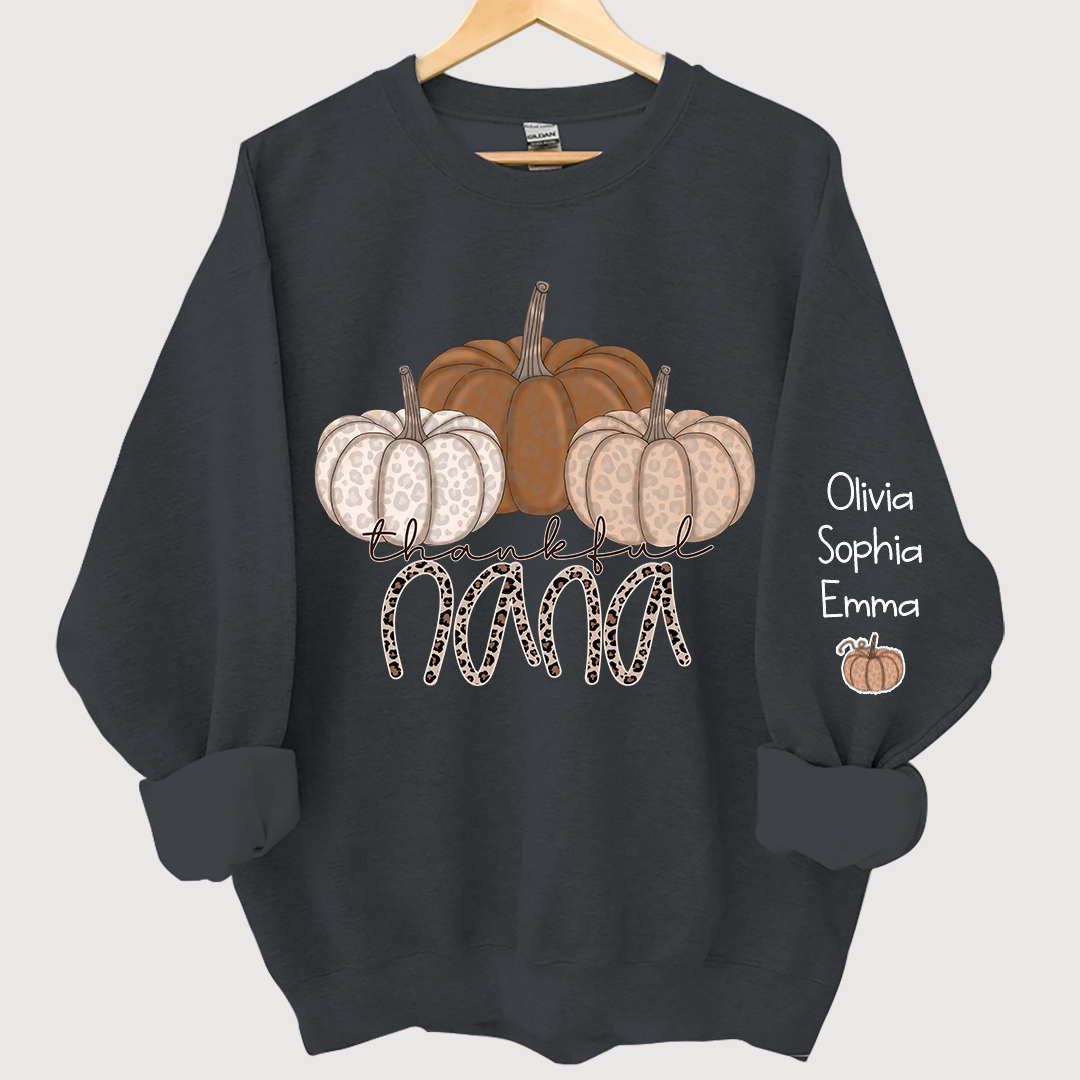 Lofaris Thankful Nana Pumpkin Leopard and Grandkids on sleeve Sweatshirt