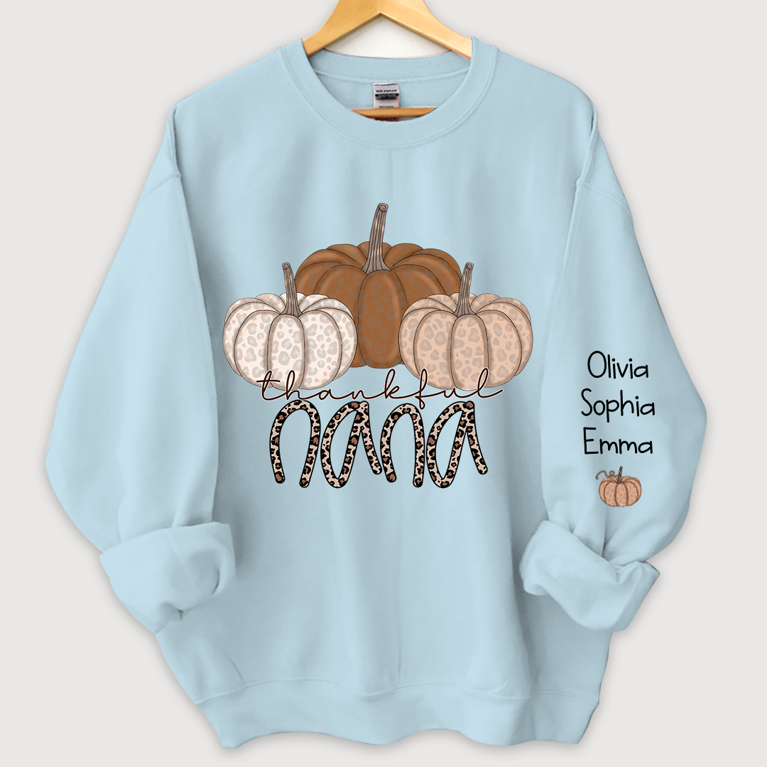 Lofaris Thankful Nana Pumpkin Leopard and Grandkids on sleeve Sweatshirt