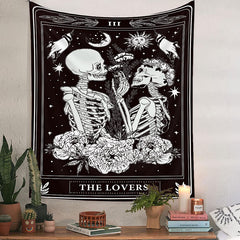 Lofaris The Lovers Skeleton Galaxy Black And White Tapestry
