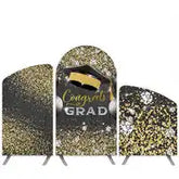 Three curved graduation-themed banners decorated with gold glitter and a graduation cap design.