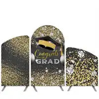 Three curved graduation-themed banners decorated with gold glitter and a graduation cap design.
