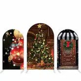 Three decorative holiday archways featuring a moon and stars, a Christmas tree, and a wreath-adorned door.