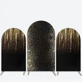 Three-panel decorative screen with black and gold glitter curtain-like design.