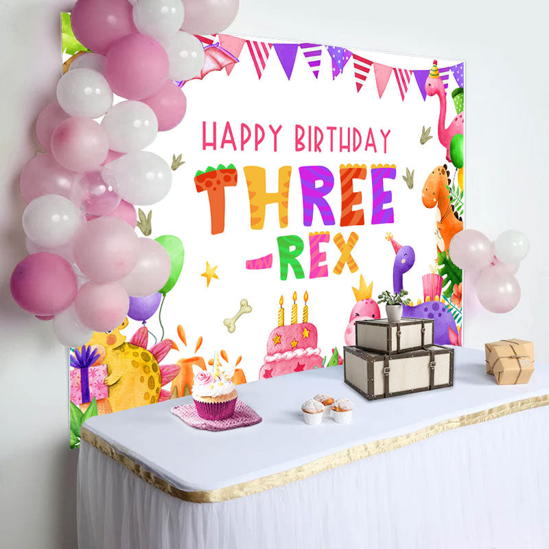 Lofaris Three Rex Cute Dinosaur Girl 3rd Birthday Backdrop