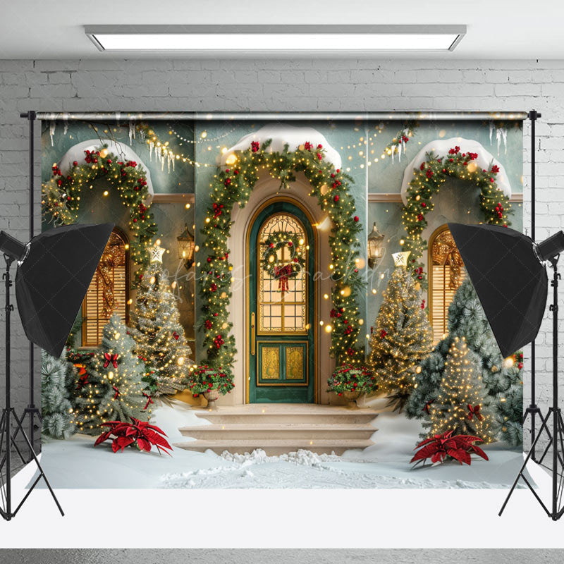 Lofaris Tree Light Door Window Snow Scene Christmas Backdrop