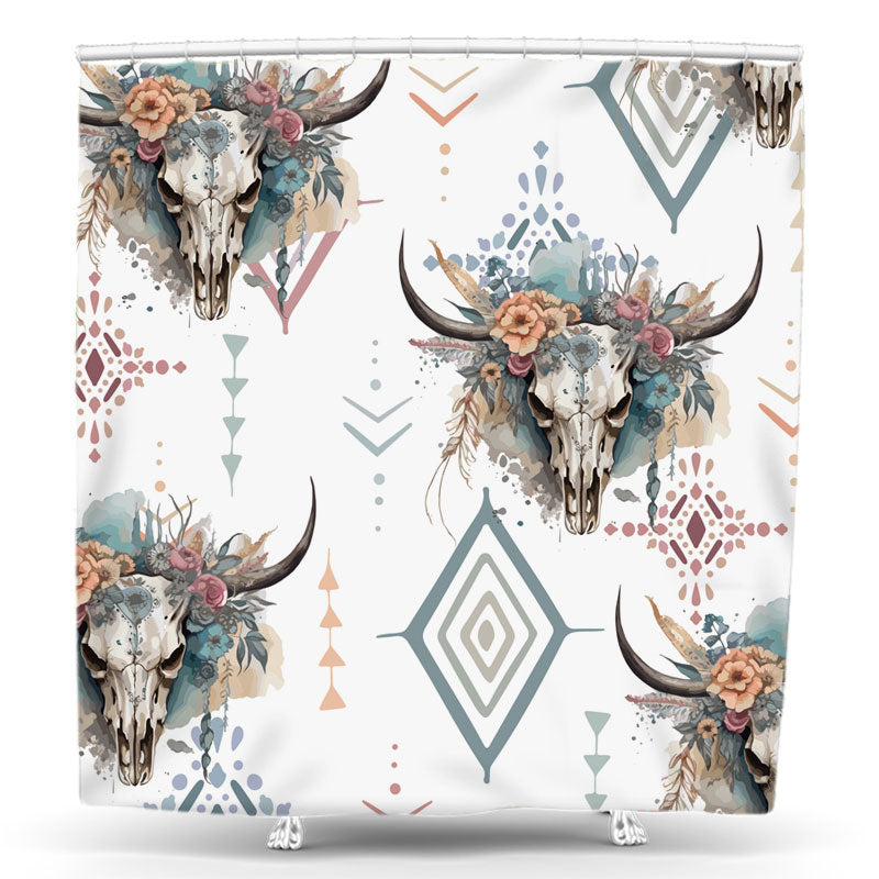Lofaris Tribe Watercolor Floral Cow Skull Shower Curtain