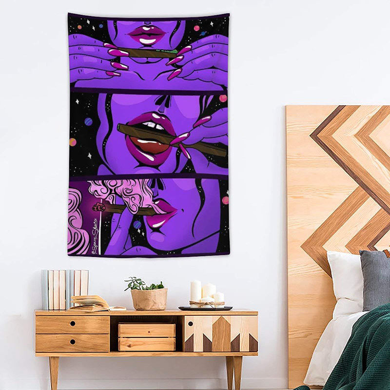 Lofaris Trippy Smoke Cool Girl Art Purple Hippy Wall Tapestry