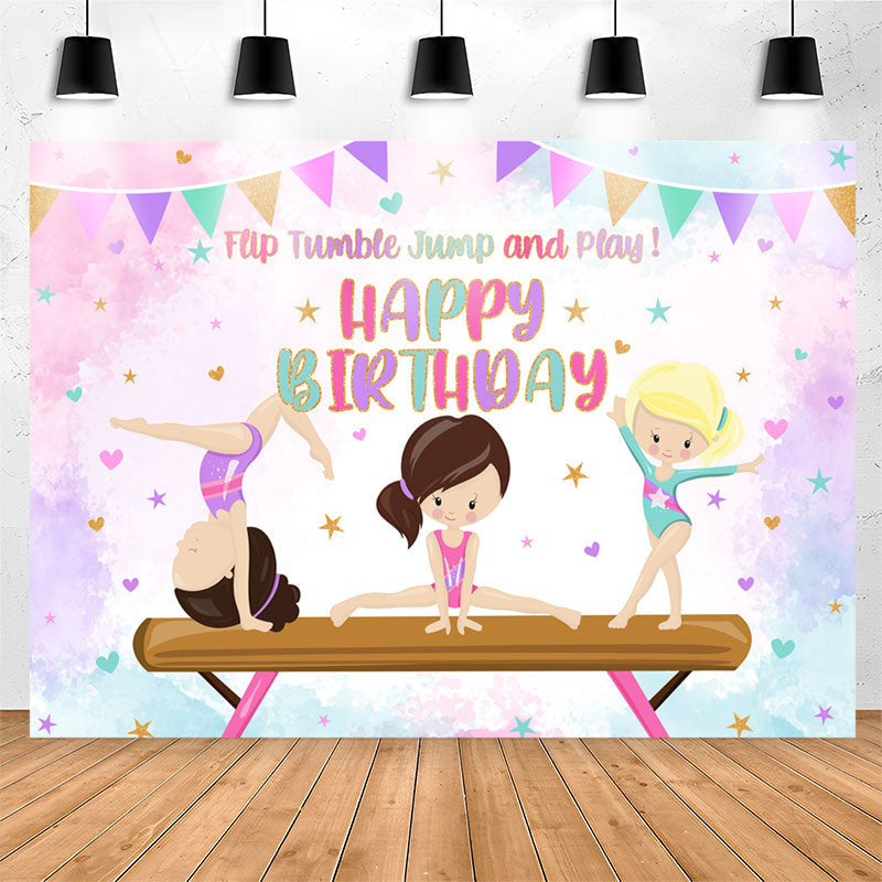 Lofaris Tumble Jump Gymnast Girls Happy Birthday Backdrop