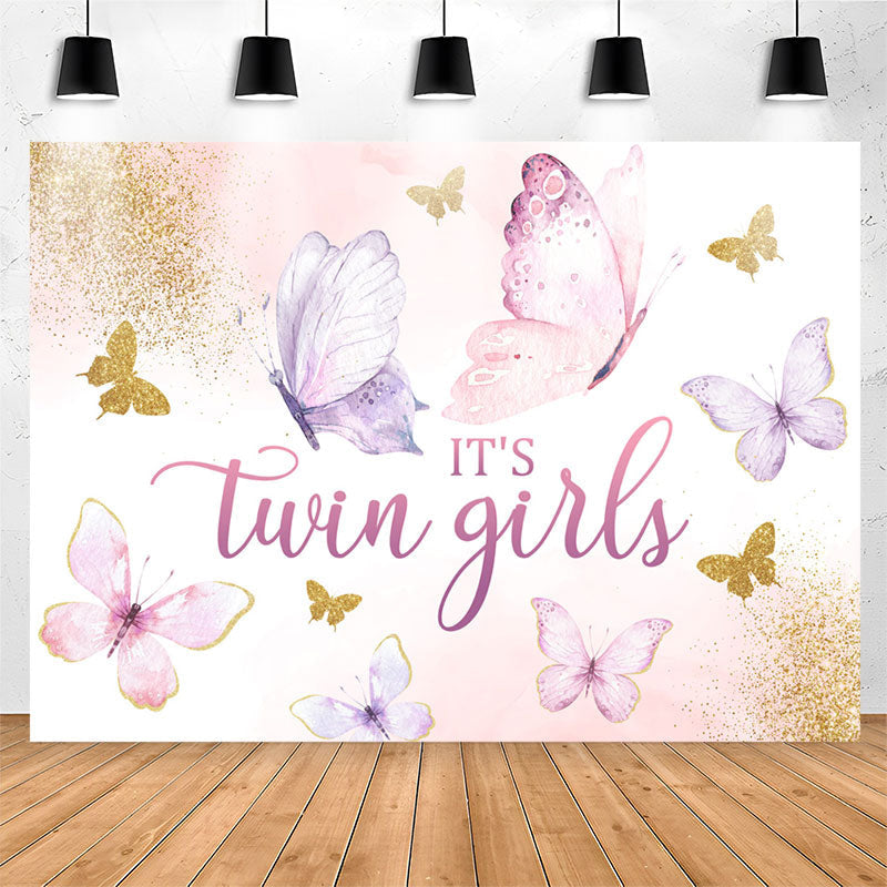 Lofaris Twin Girls Butterfly Glitter Baby Shower Backdrop