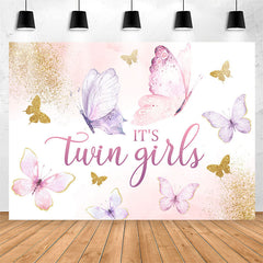 Lofaris Twin Girls Butterfly Glitter Baby Shower Backdrop