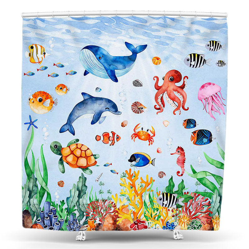 Lofaris Undersea Whale Bubble Turtle Coral Shower Curtain