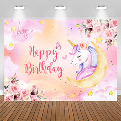 Lofaris Unicorn Pink Floral Butterfly Girl Birthday Backdrop
