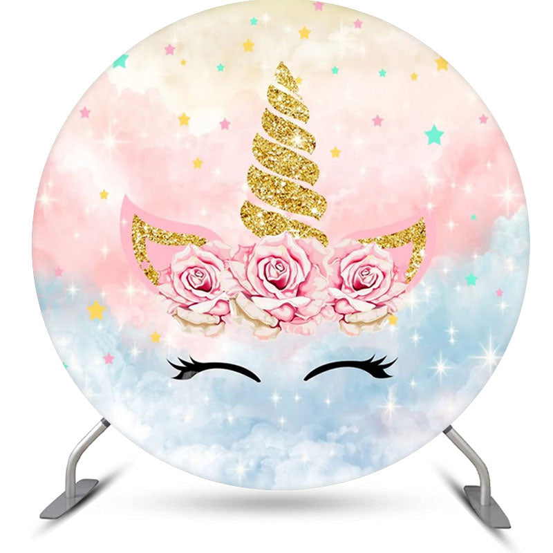 Lofaris Unicorn Sparkle Pink Rose Round Birthday Backdrop